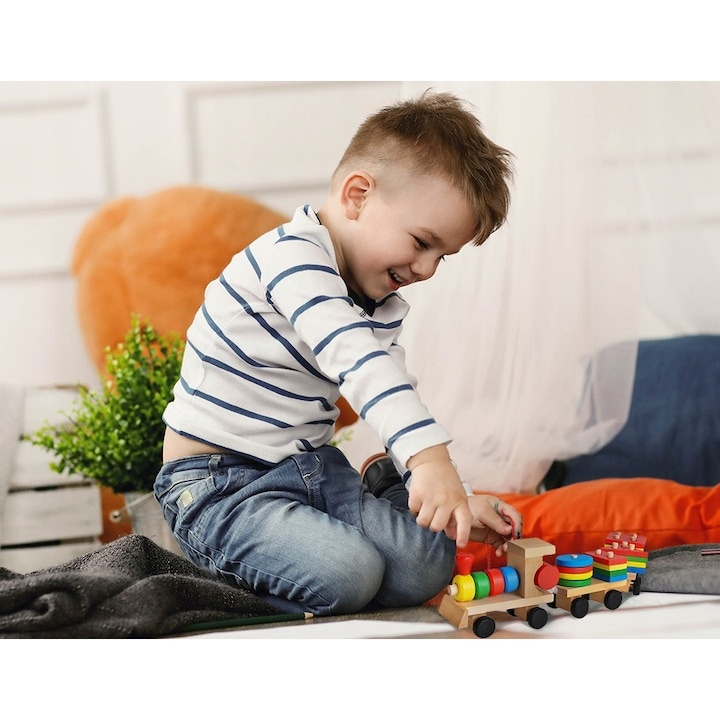 Trenulet de jucarie din lemn cu 2 vagoane, forme geometrice, tras de sfoara, stil Montessori, 31 x 7.5 cm – multicolor [4]