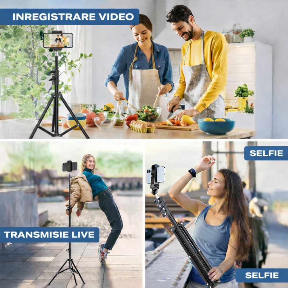 Trepied extensibil 210 cm din aluminiu cu suport reglabil pentru telefon si montura camera, stativ pliabil pentru foto video si iluminare, negru [3]