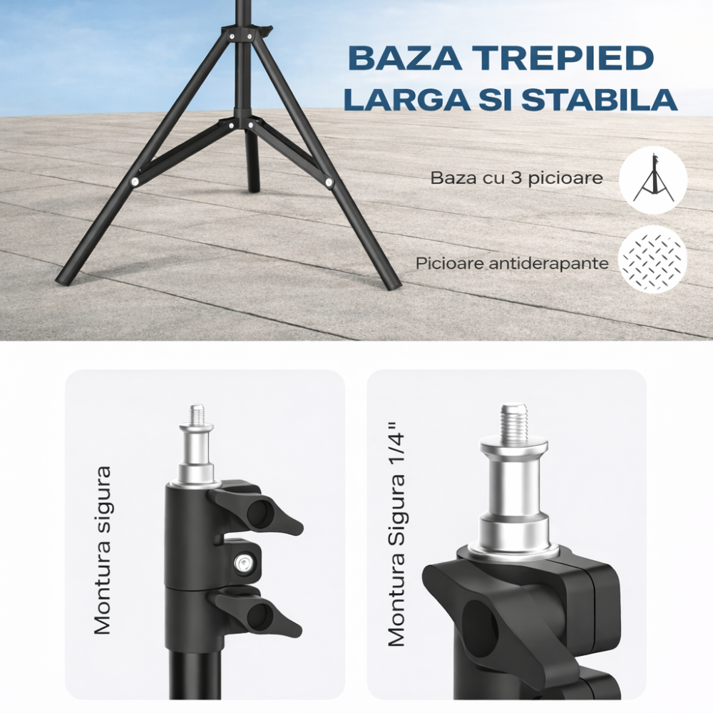 Trepied extensibil 210 cm din aluminiu cu suport reglabil pentru telefon si montura camera, stativ pliabil pentru foto video si iluminare, negru [7]