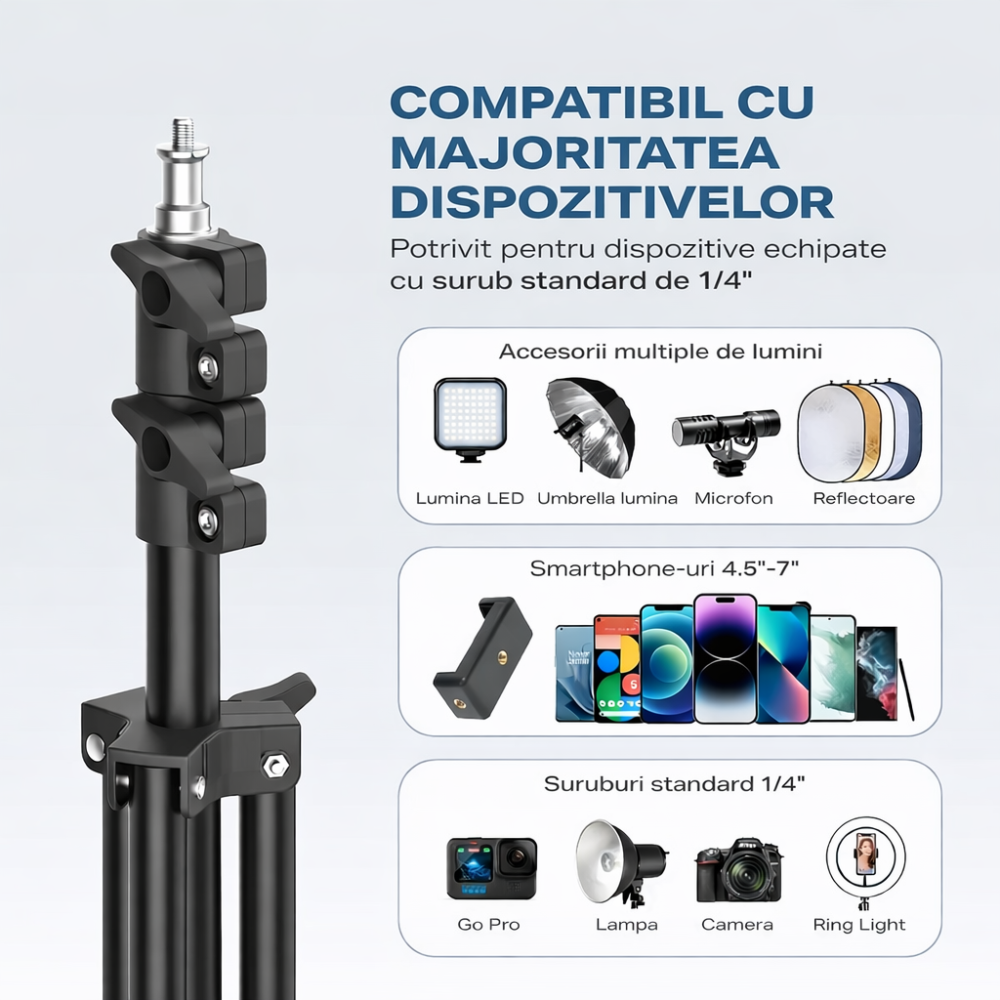 Trepied extensibil 210 cm din aluminiu cu suport reglabil pentru telefon si montura camera, stativ pliabil pentru foto video si iluminare, negru [4]
