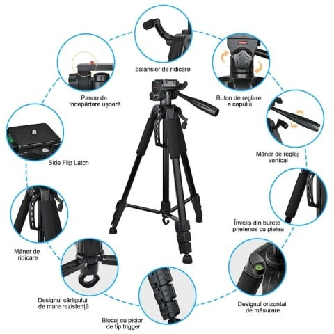Trepied foto universal cu suport de telefon, pentru camere, GoPro, telefon, filet 1/4, inaltime maxima 180 cm [7]