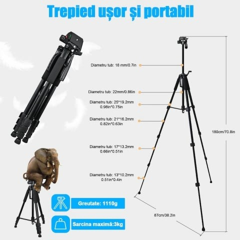 Trepied foto universal cu suport de telefon, pentru camere, GoPro, telefon, filet 1/4, inaltime maxima 180 cm [5]