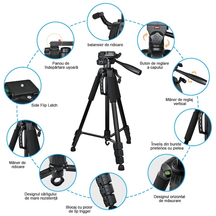 Trepied foto universal cu suport de telefon si telecomanda bluetooth, pentru camere, GoPro, telefon, filet 1/4, inaltime maxima 180 cm [8]