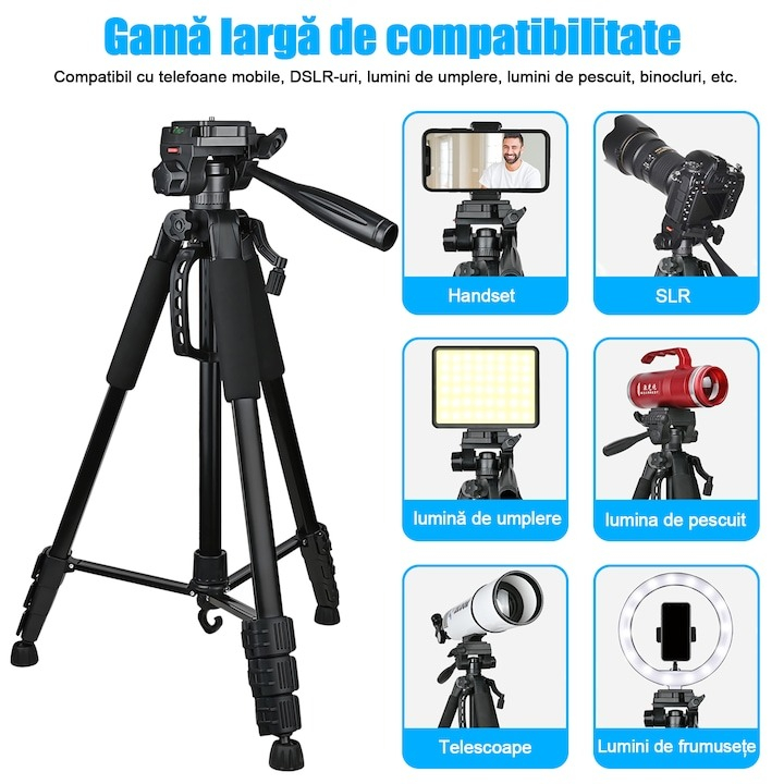 Trepied foto universal cu suport de telefon si telecomanda bluetooth, pentru camere, GoPro, telefon, filet 1/4, inaltime maxima 180 cm [9]