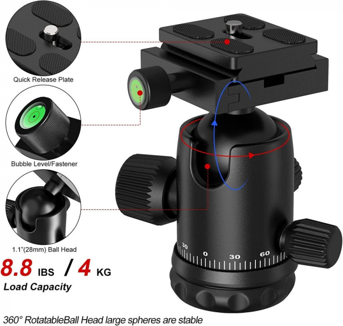 Trepied,monopied 2in1 universal,filet 1/4 pentru camere,aparate foto,cap bila rotativ 360,inaltime maxima 168 cm [5]