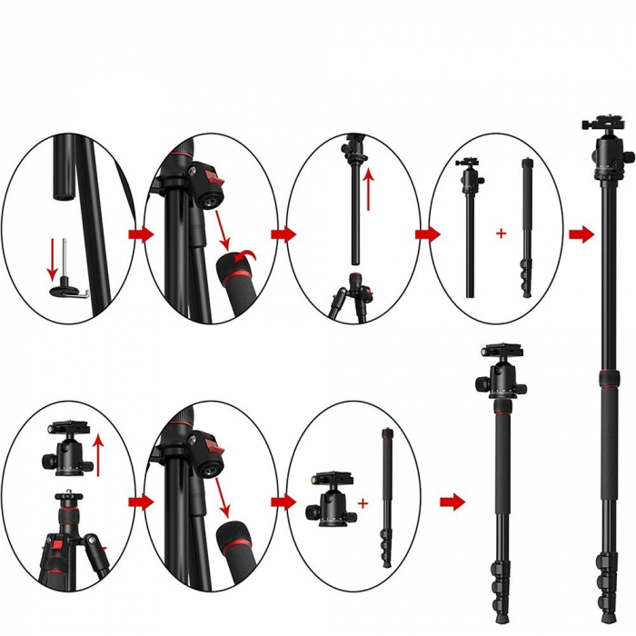 Trepied,monopied 2in1 universal,filet 1/4 pentru camere,aparate foto,cap bila rotativ 360,inaltime maxima 168 cm [3]