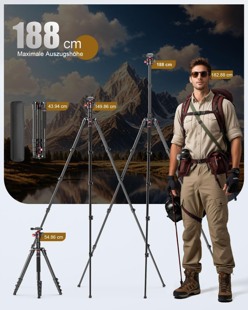 Trepied profesional  188 cm pentru aparat foto, cap sferic 360°, aluminiu, functie monopod, husa transport, sarcina maxima 6.8 kg [5]