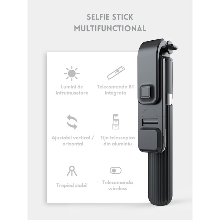 Trepied selfie stick 3in1, rotire 360 grade, lumina LED, telecomanda bluetooth inclusa - Negru [2]