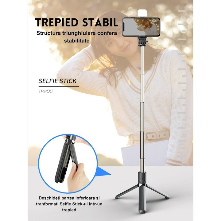 Trepied selfie stick 3in1, rotire 360 grade, lumina LED, telecomanda bluetooth inclusa - Negru [4]