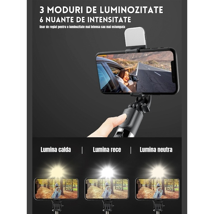Trepied selfie stick 3in1, rotire 360 grade, lumina LED, telecomanda bluetooth inclusa - Negru [3]