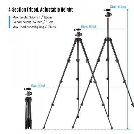 Trepied profesional pentru camere,aparate foto,filet universal 1/4,inaltime maxima 126 cm - Andoer [6]