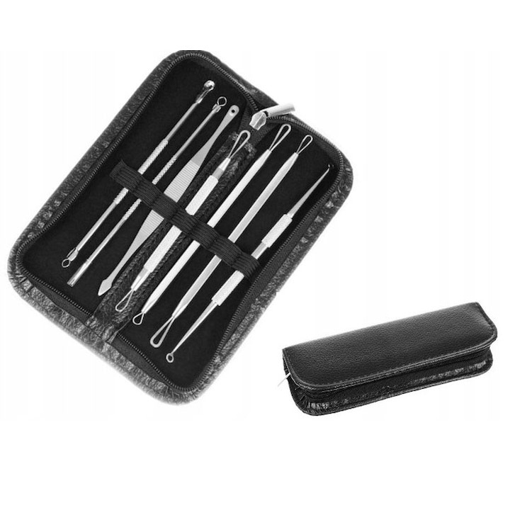 Trusa 7 instrumente din inox pentru cosmetica, extractia comedoanelor, punctelor negre si acneei, cu pouch de depozitare negru [7]