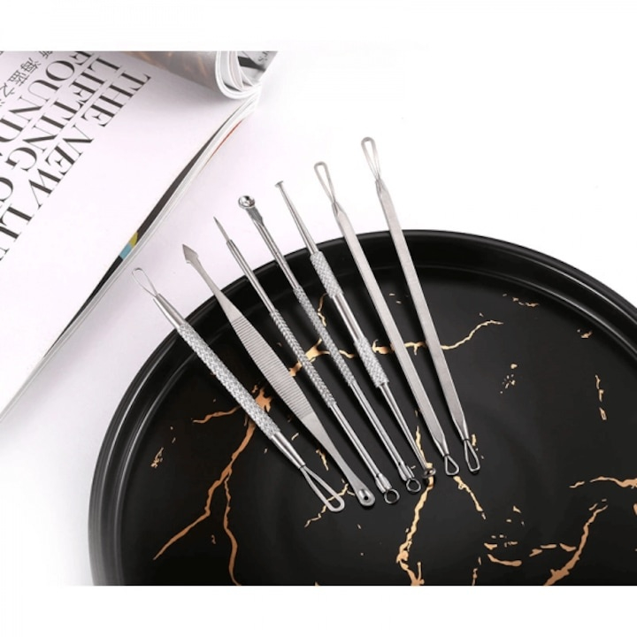 Trusa 7 instrumente din inox pentru cosmetica, extractia comedoanelor, punctelor negre si acneei, cu pouch de depozitare negru [8]