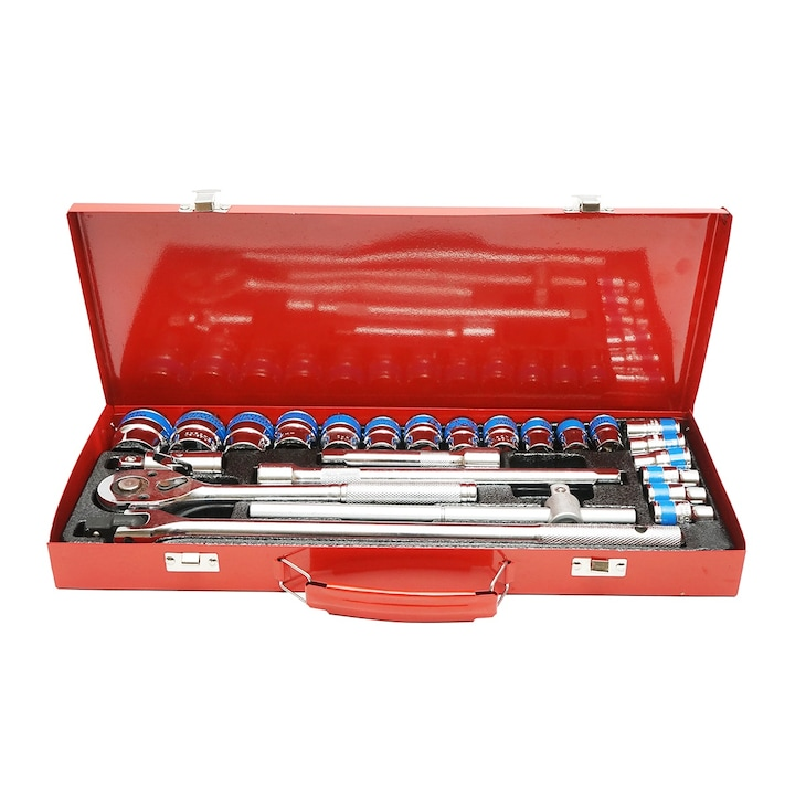Trusa chei tubulare 1/2 24 piese 8-32mm cu clichet, bara T glisanta si tubulara bujii 21mm pentru mecanica auto [2]