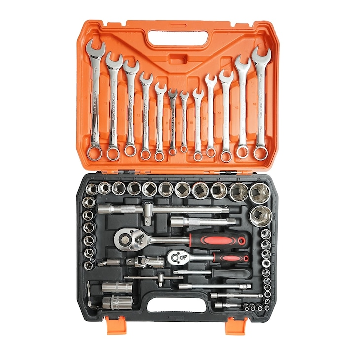 Trusa chei tubulare 1/2 si 1/4 61 piese cu clichet, chei fixe si accesorii, set complet mecanica auto si reparatii [4]