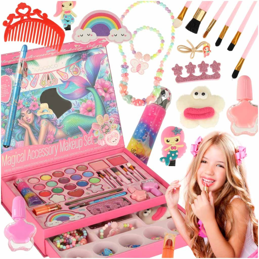 Trusa de machiaj, manichiura, bijuterii, pentru copii, model sirena, 26.2 x 19.4 x 5.5 cm, roz [1]