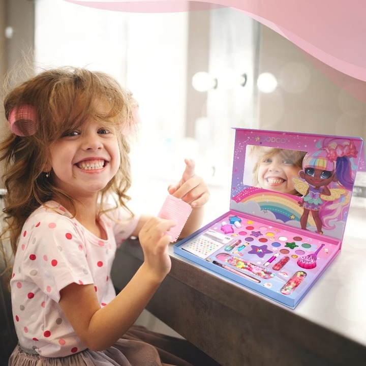 Trusa de machiaj pentru copii, 29 piese, fard, luciu de buze, oja, sticker unghii, multicolor [4]