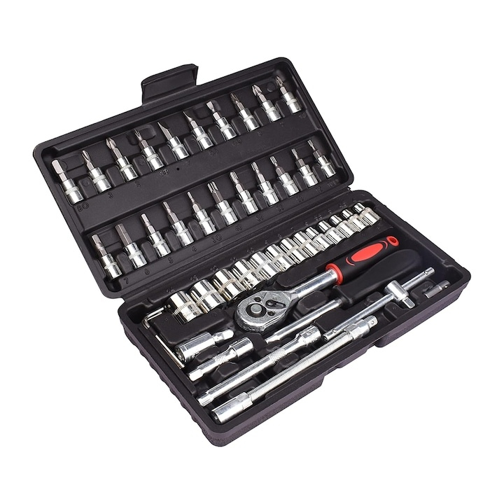Trusa de scule cu 46 piese, surubelnita, clichet, chei tubulare, biti, torx, imbus, prelungitor, maner ergonomic, cutie compacta, neagra [2]