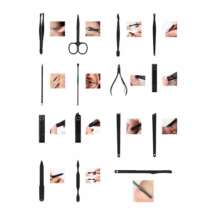 Trusa de unghii, 15 piese – manichiura si pedichiura profesionala, cu instrumente din otel inoxidabil, penseta, instrument pentru puncte negre si curatare auriculara, clutch din piele ecologica negru [2]