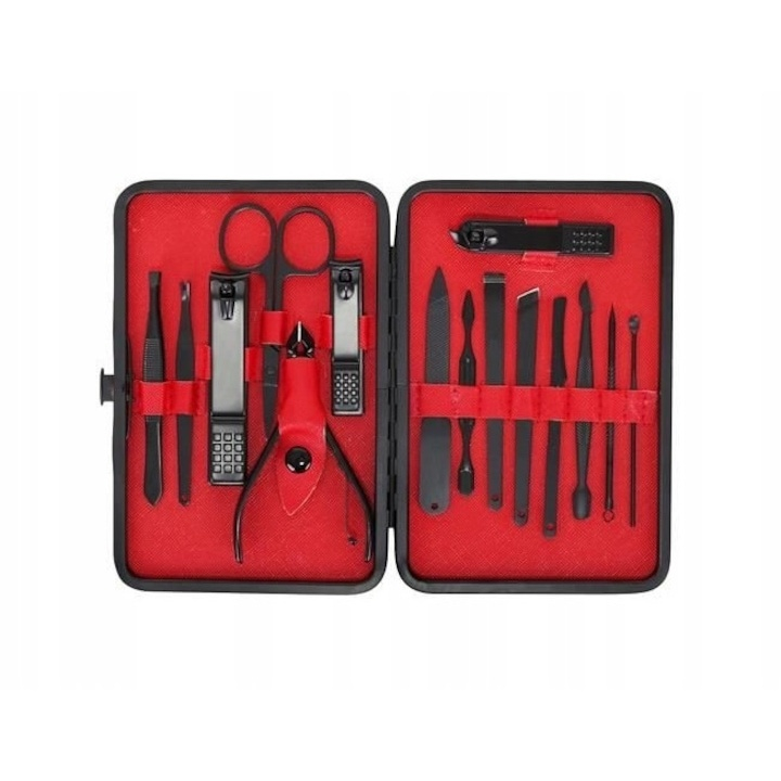 Trusa de unghii, 15 piese – manichiura si pedichiura profesionala, cu instrumente din otel inoxidabil, penseta, instrument pentru puncte negre si curatare auriculara, clutch din piele ecologica negru [6]