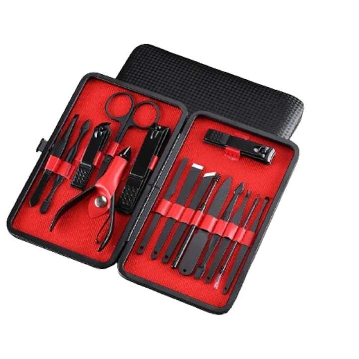 Trusa de unghii cu 15 piese pentru manichiura si pedichiura, ustensile pentru ten, penseta, indepartare puncte negre si geanta de transport, design negru-rosu [2]