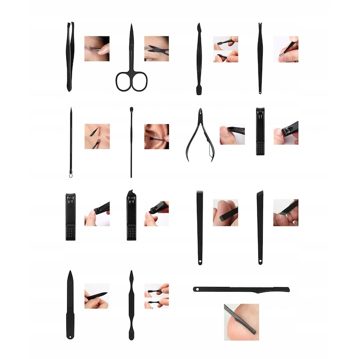 Trusa de unghii cu 15 piese pentru manichiura si pedichiura, ustensile pentru ten, penseta, indepartare puncte negre si geanta de transport, design negru-rosu [4]