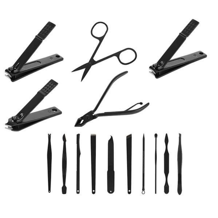 Trusa de unghii cu 15 piese pentru manichiura si pedichiura, ustensile pentru ten, penseta, indepartare puncte negre si geanta de transport, design negru-rosu [5]