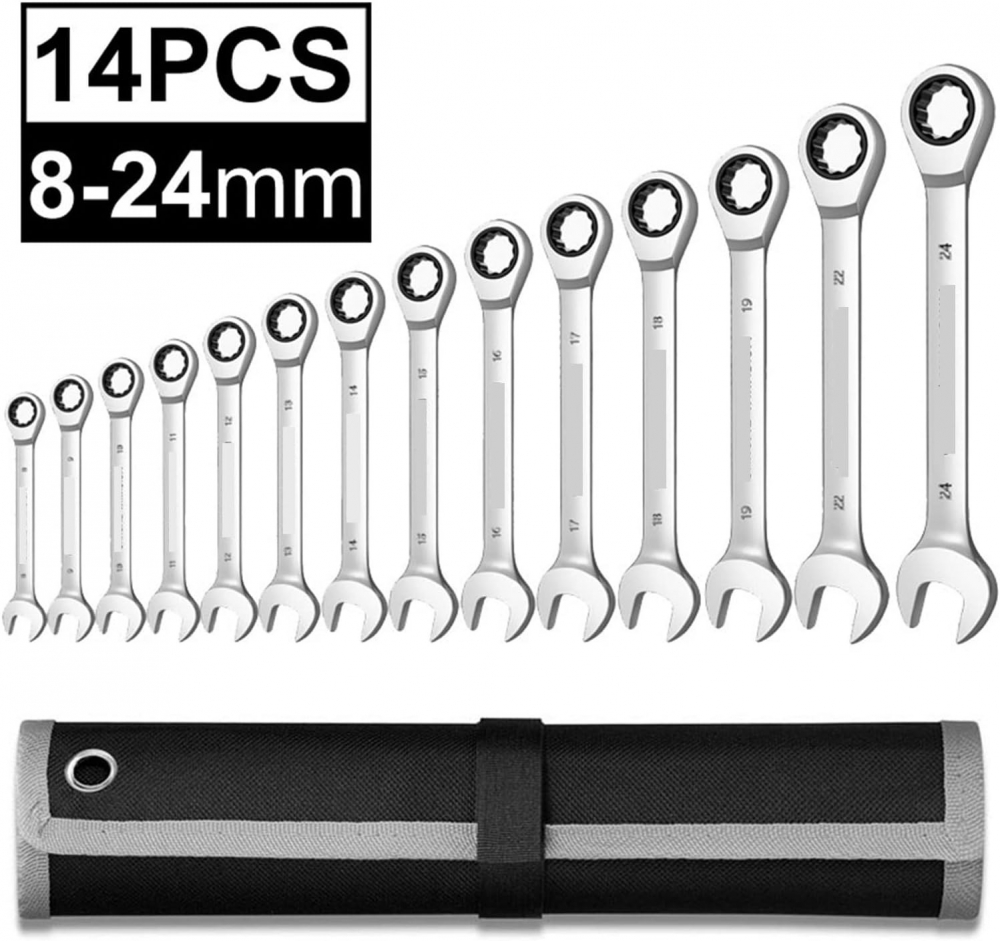 Set de chei inelare profesionale combinate cu clichet 8-24 mm, 14 piese, crom vanadiu, husa transport inclusa [6]