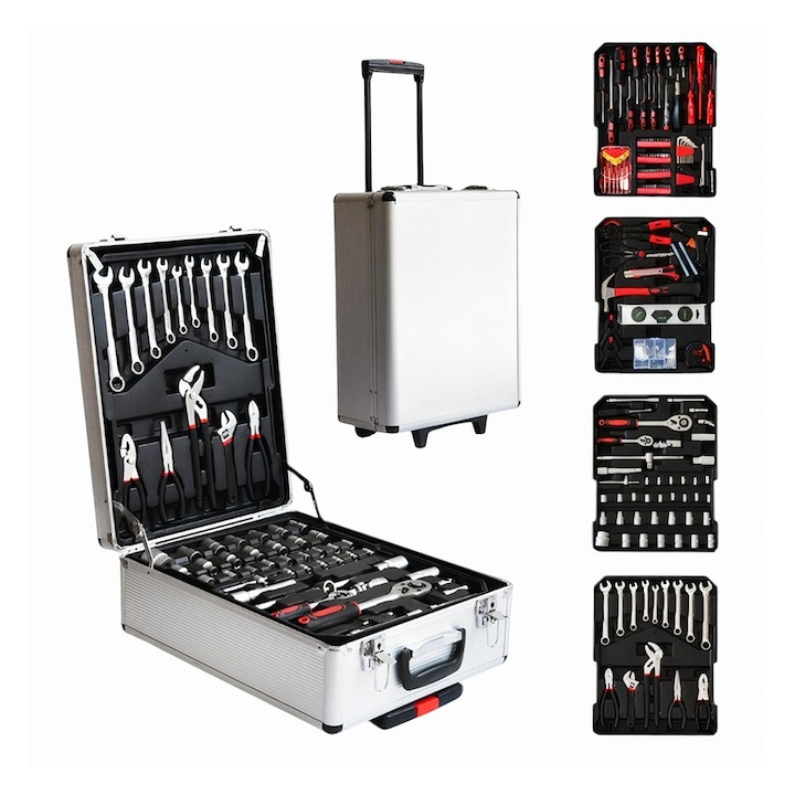 Trusa profesionala de scule, 187 piese, organizare eficienta in troller din aluminiu cu roti si maner telescopic, negru-rosu [3]