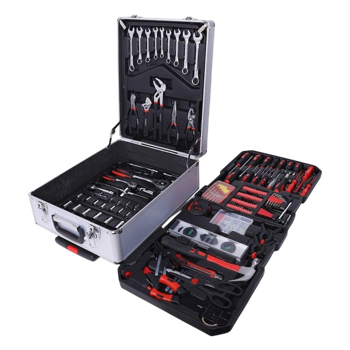 Trusa profesionala de scule, 187 piese, organizare eficienta in troller din aluminiu cu roti si maner telescopic, negru-rosu [2]