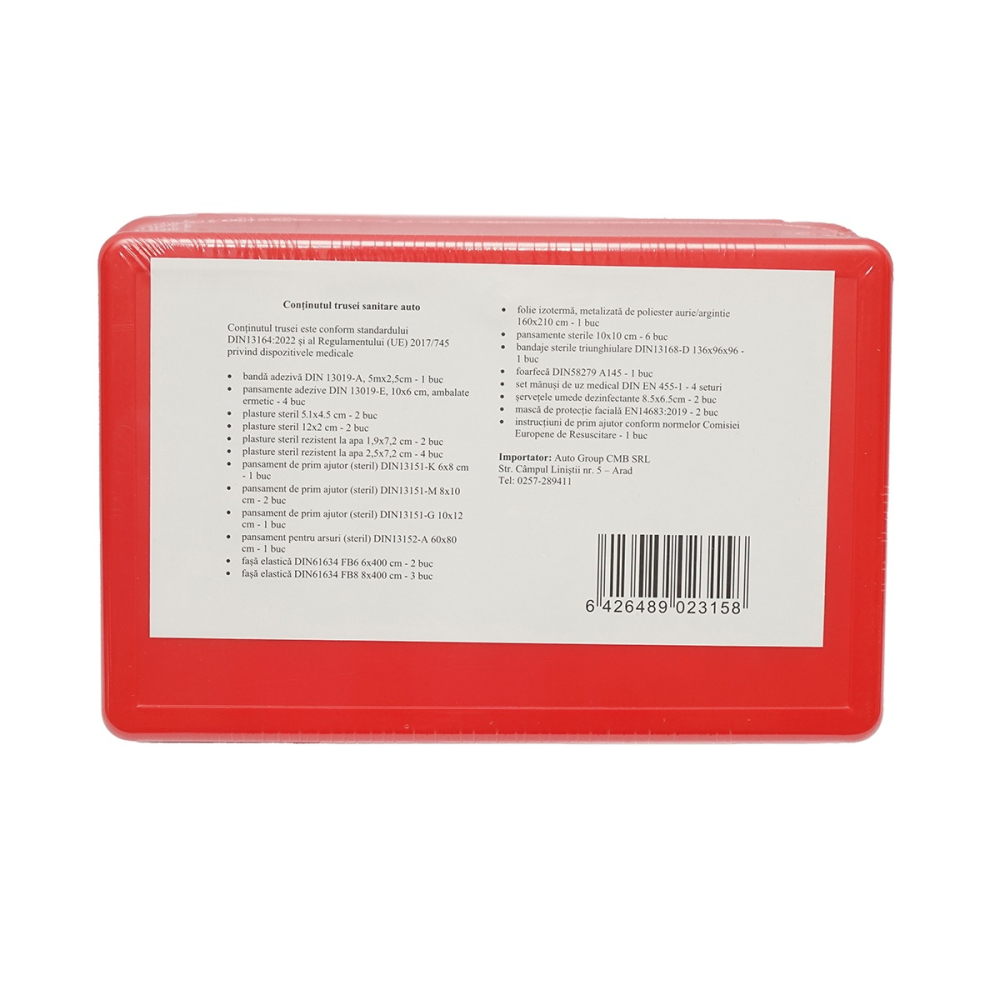 Trusa sanitara auto completa prim ajutor, conform DIN 13164:2022, valabilitate produse sterile 20.02.2031, echipare obligatorie auto si interventii urgente [4]