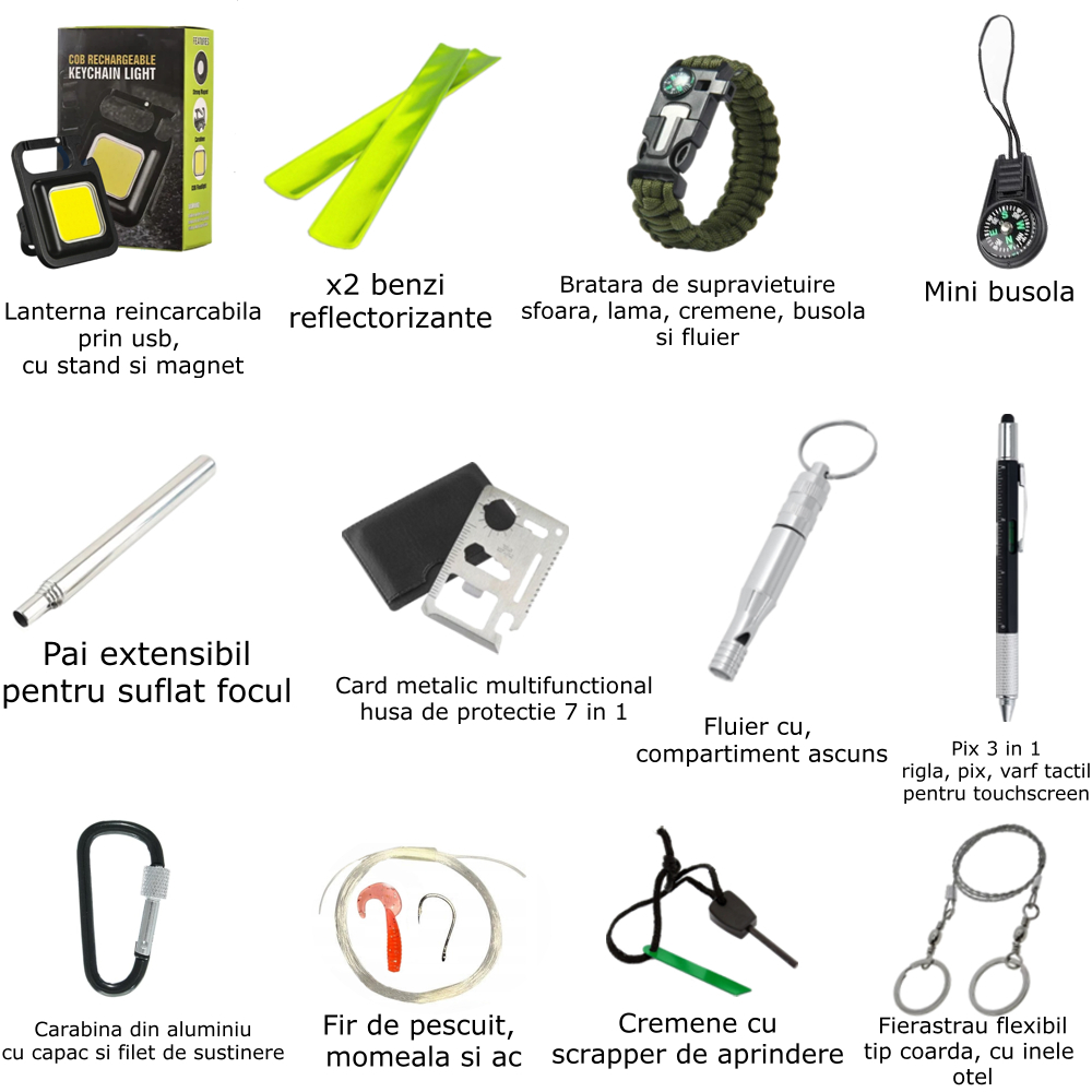 Trusa supravietuire tactica compacta 14 in 1 cutie etansa ABS 18x11x5 cm IP54 negru pentru camping si urgente [2]