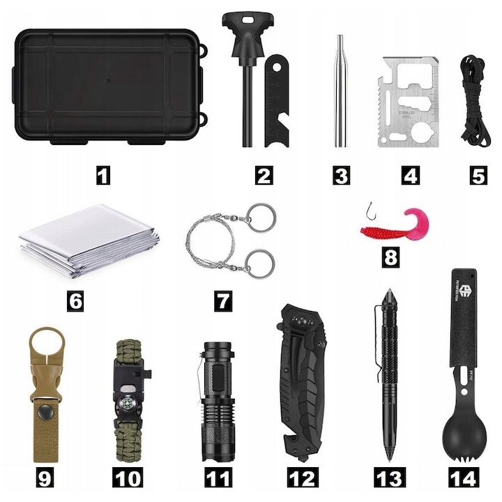 Trusa tactica de supravietuire 14 in 1, carcasa rezistenta la apa si socuri, set complet pentru calatorii, camping, vanatoare, pescuit si drumetii [2]