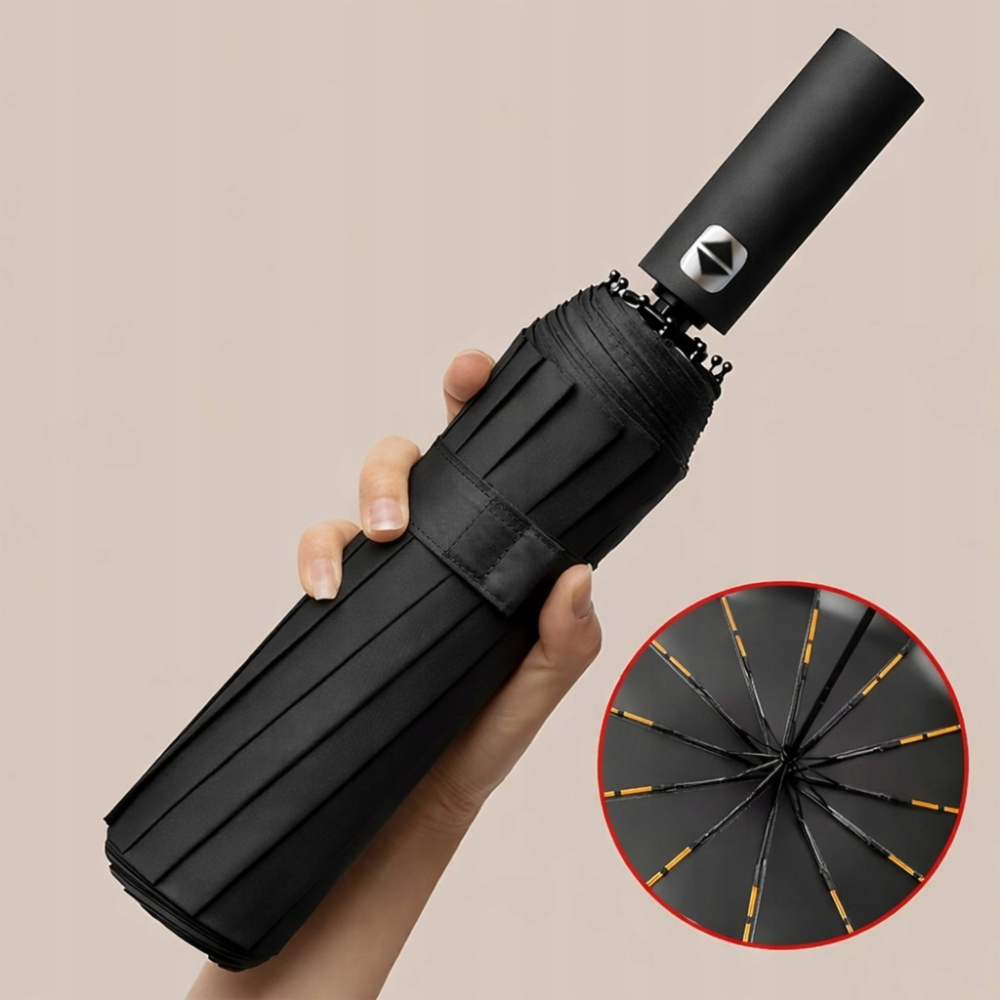 Umbrela automata neagra 105 cm, pliabila, rezistenta la vant, 12 spite, protectie UV 50+, pentru femei si barbati, cu husa [11]