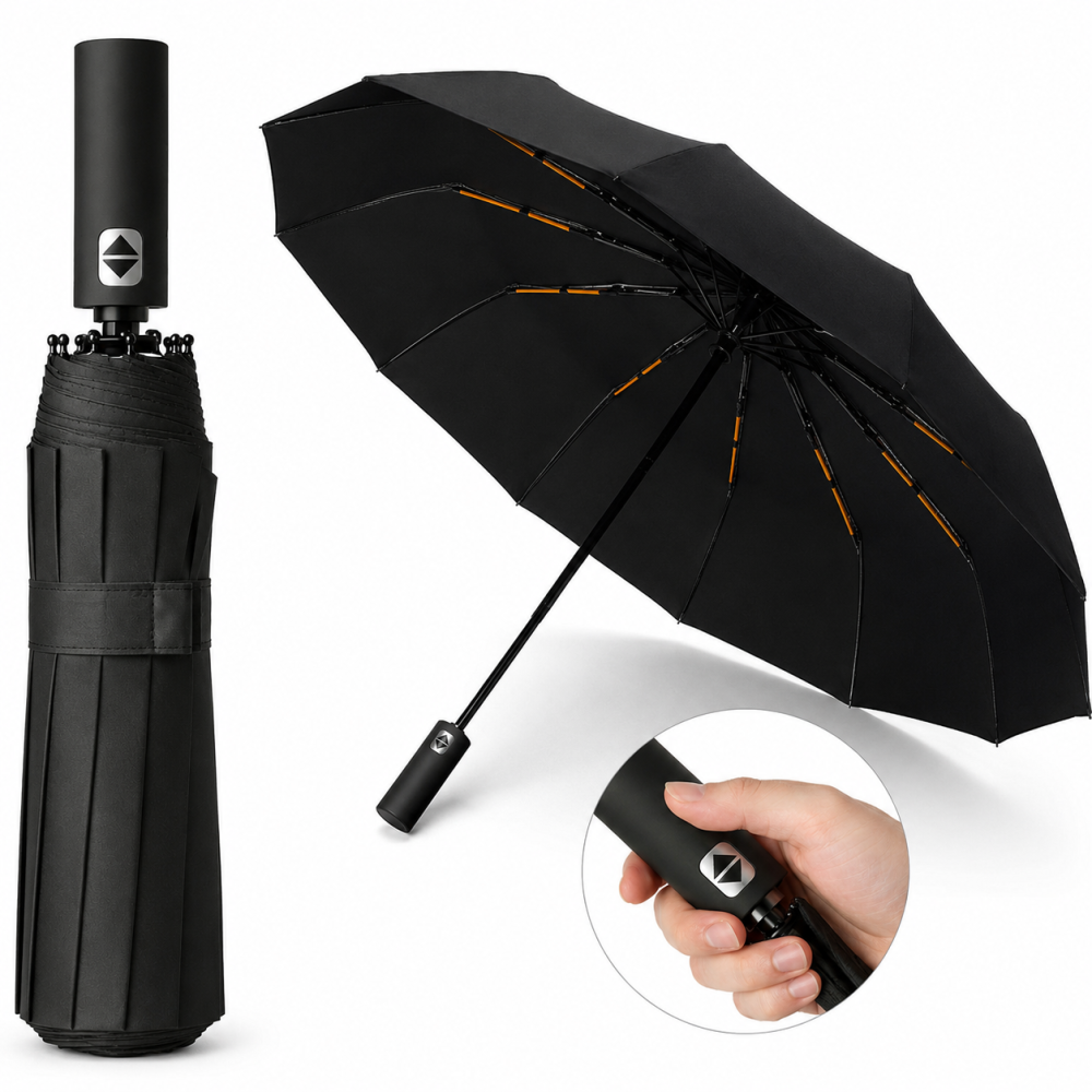 Umbrela automata neagra 105 cm, pliabila, rezistenta la vant, 12 spite, protectie UV 50+, pentru femei si barbati, cu husa [2]