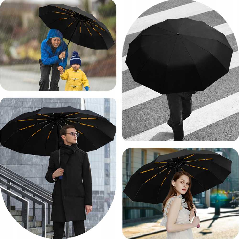 Umbrela automata neagra 105 cm, pliabila, rezistenta la vant, 12 spite, protectie UV 50+, pentru femei si barbati, cu husa [12]