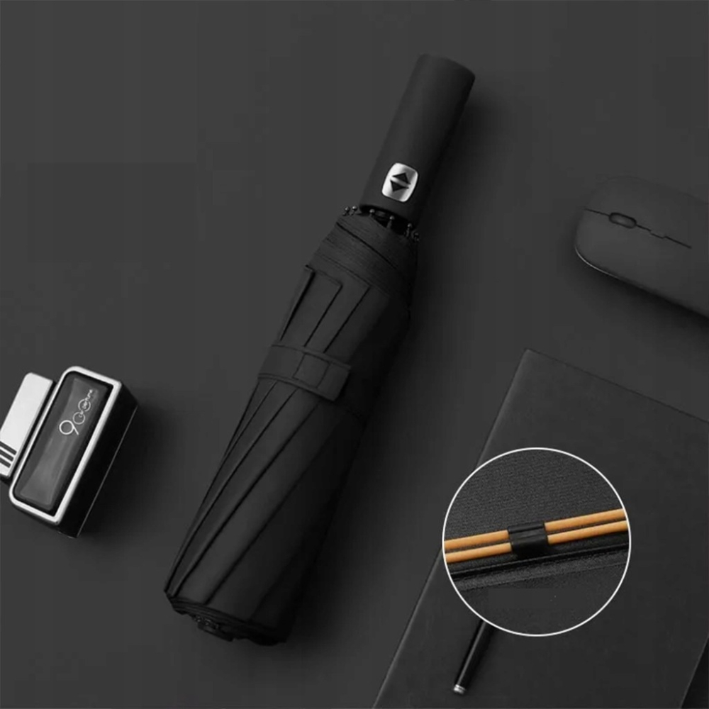 Umbrela automata neagra 105 cm, pliabila, rezistenta la vant, 12 spite, protectie UV 50+, pentru femei si barbati, cu husa [10]