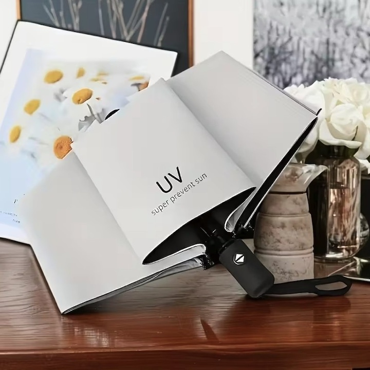 Umbrela pliabila automata protectie UV50+ si ploaie, vinil si otel, 96 x 67 cm, usoara, compacta, bej deschis [3]