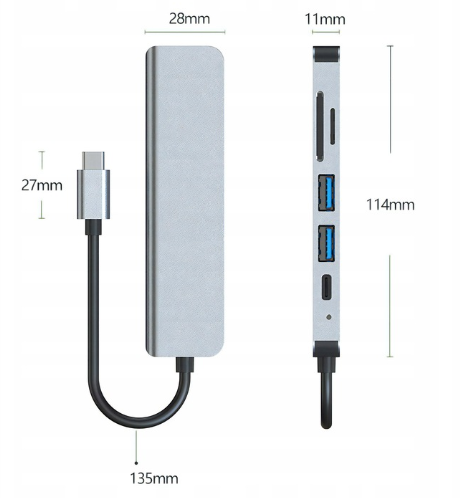 Usb Hub 6 in 1, 1 HDMI, 1 USB 2.0, 1 USB 3.0, 1 USB C, Cititor de card SD/TF, conexiune usb c [4]