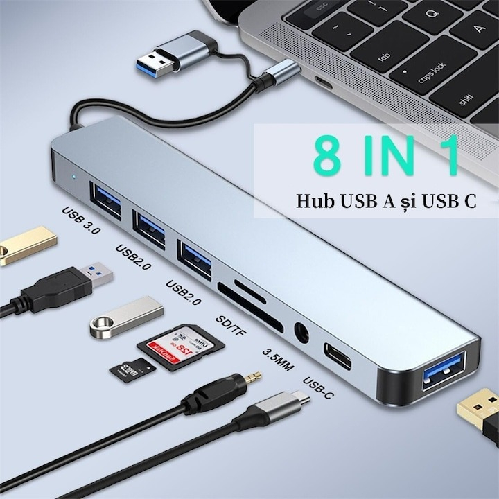 USB hub, 8 in 1, cititor card, USB 2.0, USB 3.0, 3.5 Jack, USB C, adaptor USB C - USB A, aluminiu [6]