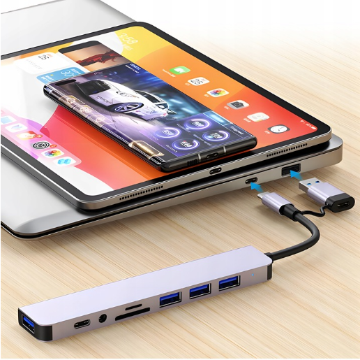 USB hub, 8 in 1, cititor card, USB 2.0, USB 3.0, 3.5 Jack, USB C, adaptor USB C - USB A, aluminiu [3]