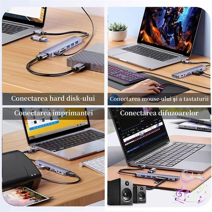 USB hub, 8 in 1, cititor card, USB 2.0, USB 3.0, 3.5 Jack, USB C, adaptor USB C - USB A, aluminiu [5]