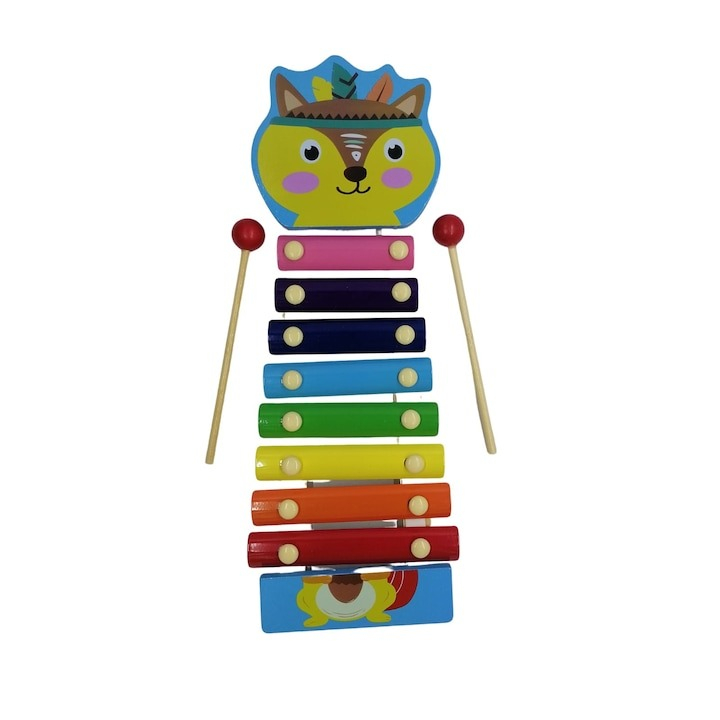 Xilofon din lemn pentru copii cu diverse animale, 8 note muzicale, 2 betisoare, 32 cm lungime - Multicolor [5]