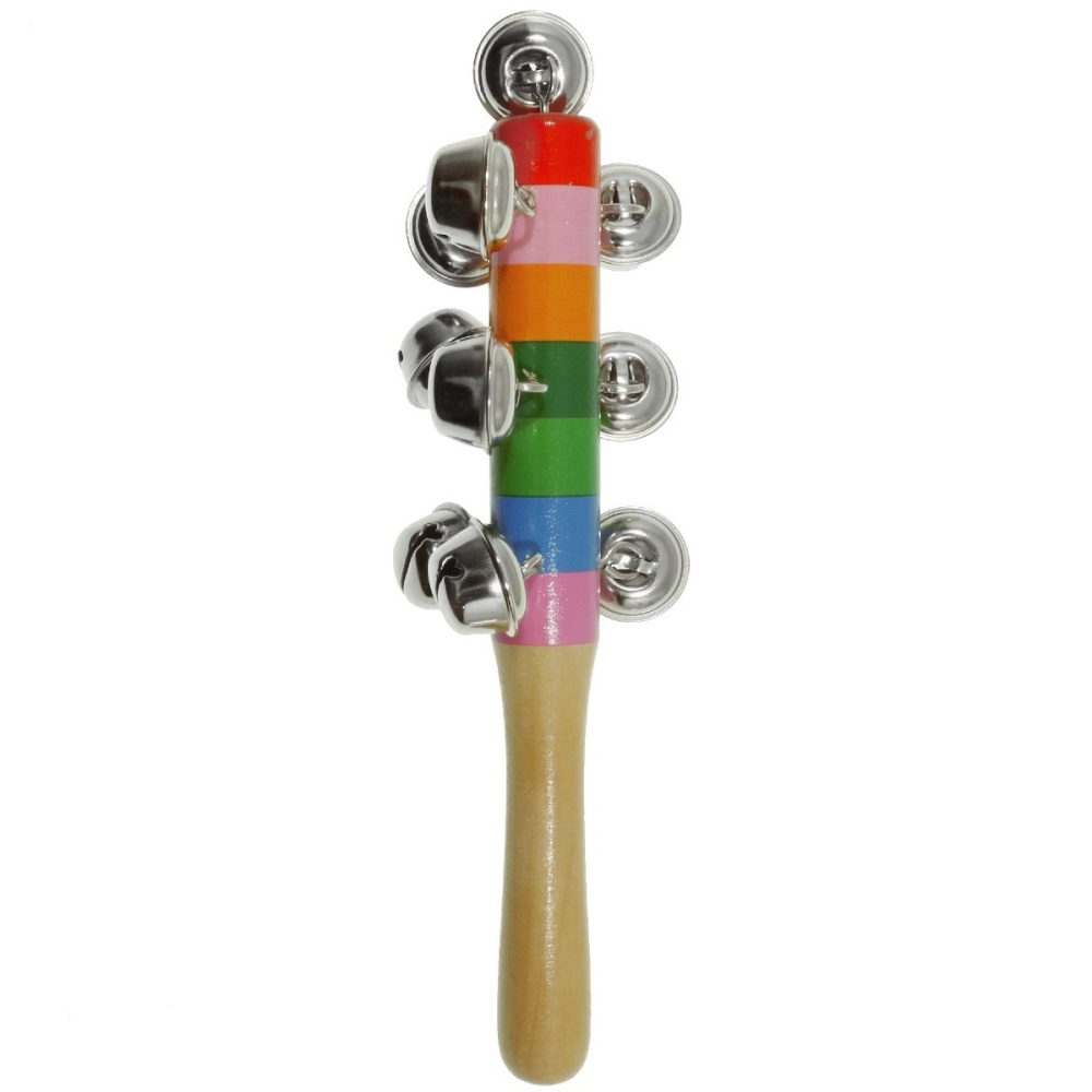 Zornaitoare muzicala din lemn cu 10 zurgalai metalici, multicolor, instrument ritmic pentru copii, 19.5 cm [7]