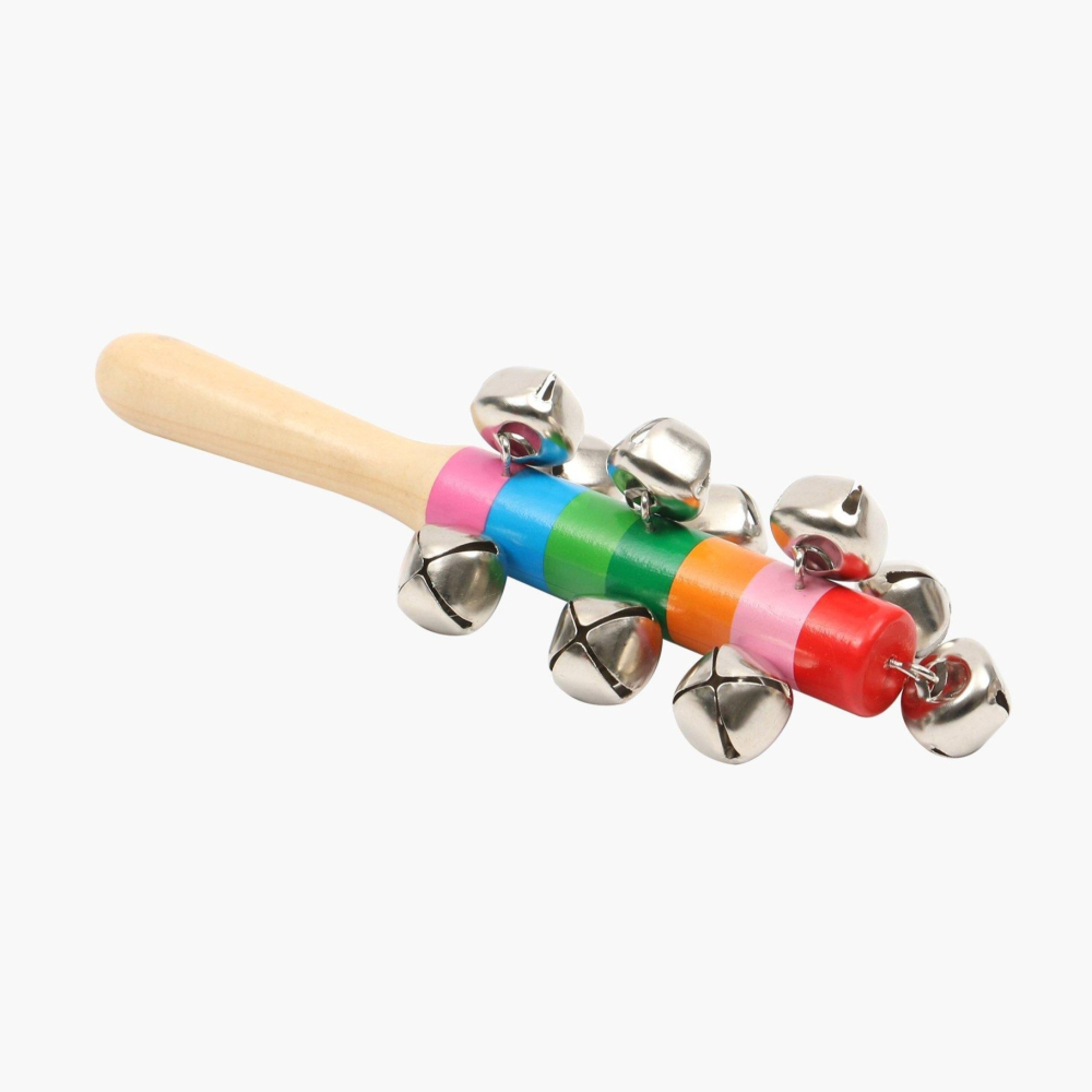 Zornaitoare muzicala din lemn cu 10 zurgalai metalici, multicolor, instrument ritmic pentru copii, 19.5 cm [2]