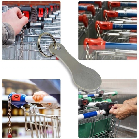 Breloc pentru deblocare carucior supermarket, din otel inoxidabil, compact si reutilizabil, 5.5 x 2.2 cm, argintiu [6]