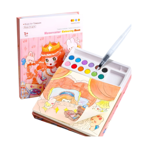 Set pictură și desen - Carte de colorat cu acuarele pentru copii, model printesa, 12 culori, pensula cu apa, 20 foi carton, 15.7 x 18.8 x 1.8 cm, roz