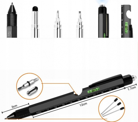 Pix multifunctional, 9 in 1, rigla, surubelnita, suport telefon, LED, negru [4]