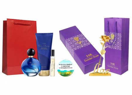 Pungi cadou speciale - Set cadou pentru Ea, parfum de femei Far Away the Moon insotit de lotiune, mini apa, trandafir auriu din plastic suflat la baza cu aur si insigna Dactylion cu mesaj motivational