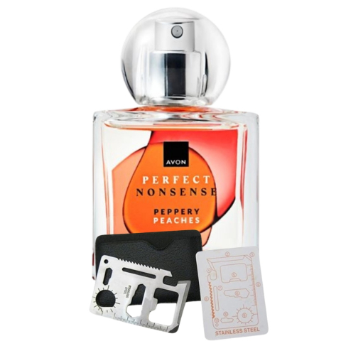 PARFUMURI & SETURI - Apa de parfum Perfect Nonsense Peppery Peaches 50 ml si card multifunctional de supravietuire, otel inoxidabil